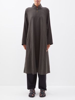 Eskandar - Fan-collar Wool-flannel Trapeze Dress - Womens - Dark Green
