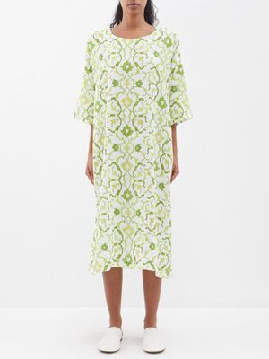 Eskandar - Floral-print Linen Midi Dress - Womens - Green