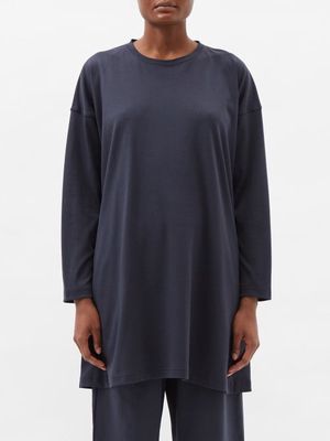 Eskandar - Longline Pima Cotton-jersey Long-sleeved T-shirt - Womens - Dark Navy