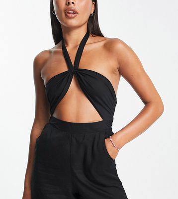Esmee Exclusive beach halter romper with shirred back in black