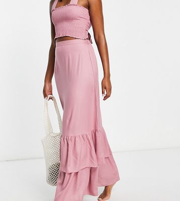 Esmee Exclusive beach maxi skirt with double frill hem in dusty rose - part of a set-Pink