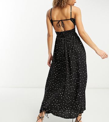 Esmee Exclusive beach maxi summer dress with large shirred bodice in black polka dot