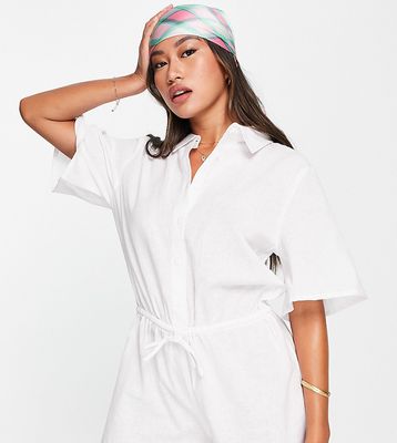 Esmee Exclusive beach romper with elasticated drawstring waist in white