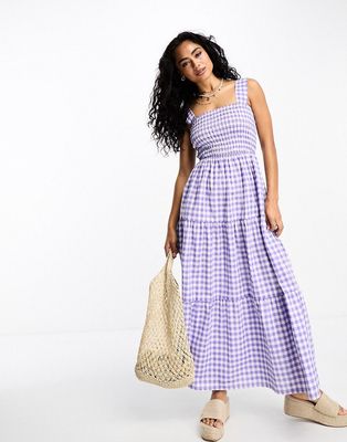 Esmee Exclusive beach smock maxi summer dress in lilac gingham-Purple