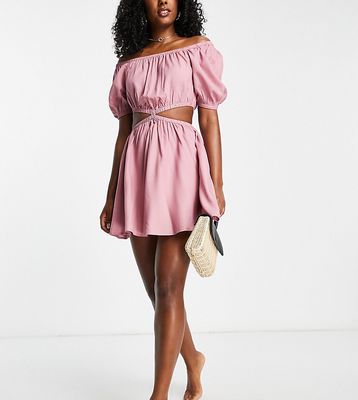 Esmee Exclusive beach square neckline mini dress with cut out detail at waist in dusty rose-Pink