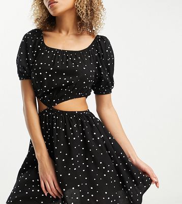 Esmee Exclusive beach square neckline mini summer dress with cut out detail in black polka dot