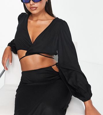 Esmee Exclusive beach tie wrap crop top with exaggerated sleeves in black - part of a set