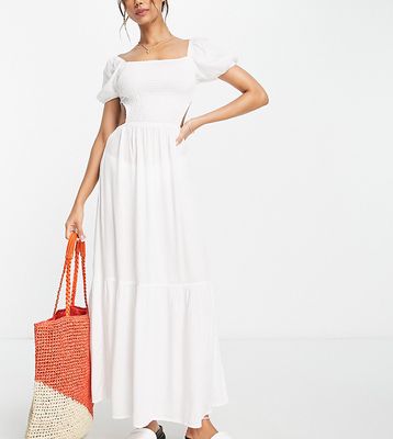 Esmee Exclusive puff sleeve beach dress with shirring detail in white