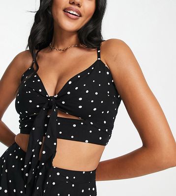 Esmee Exclusive tie front beach crop top in polka dot black-Multi