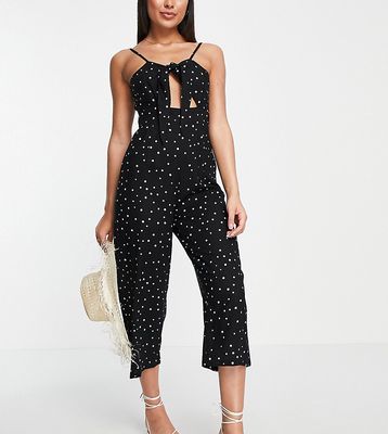Esmee Exclusive tie front beach jumpsuit in polka dot black-Multi