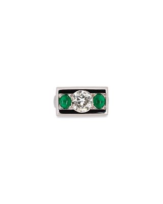 Estate 14k White Gold Diamond and Emerald Ring, Size 5.25