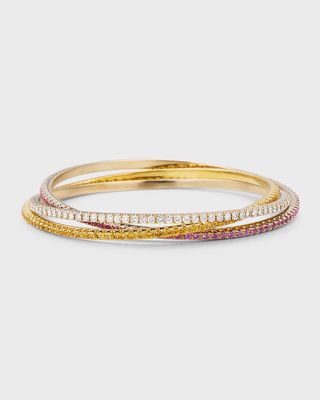 Estate 18K White and Yellow Gold Diamond, Yellow Sapphire and Pink Sapphire Bangles, Set of 3