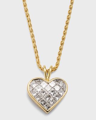 Estate 18K Yellow Gold 21 Diamond Invisible-Set Heart Pendant Necklace