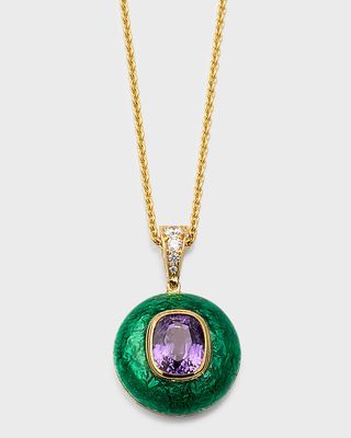Estate 18K Yellow Gold Cushion Pinkish Purple Sapphire and 4 Diamond Enhancer on Cable Chain, 18"L