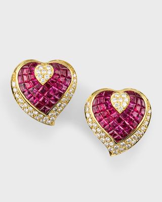 Estate 18K Yellow Gold Pave Diamond and Invisible Set Ruby Heart Earrings
