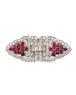 Estate Art Deco Diamond & Ruby Duette Clip Brooch