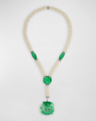 Estate Edwardian Carved Jadeite Pearl & Diamond Necklace