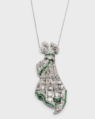 Estate Heller Rose Platinum Diamond and Calibre Emerald Flexible Bow Pendant Necklace