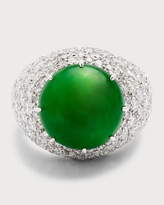 Estate Jade and Pave Diamond Domed Statement Ring, Size 5