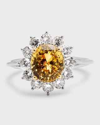 Estate Platinum and 18K Gold Yellow Sapphire Ring with Diamond Halo, Size 6.75