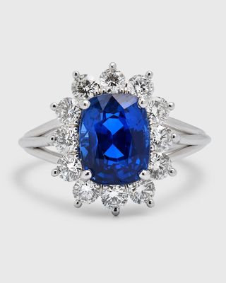 Estate Platinum Ceylon Sapphire and Diamond Halo Ring, Size 6.25