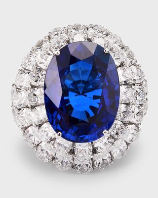 Estate Platinum Oval Sapphire and Diamond Double Halo Ring, Size 5