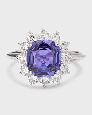 Estate Platinum Purple Sapphire Cushion and Diamond Halo Ring, Size 6.75