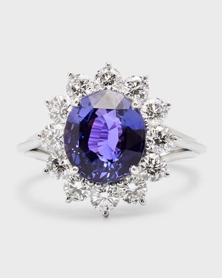 Estate Platinum Purple Sapphire Oval and Diamond Halo Ring, Size 6.75