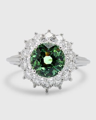 Estate Platinum Round Blue-Green Sapphire and Diamond Halo Ring, Size 7