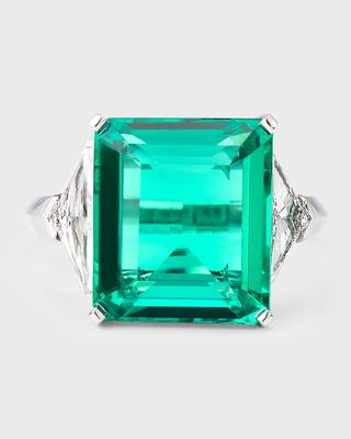 Estate Square Emerald and Triangle Diamond Ring, Size 5.75