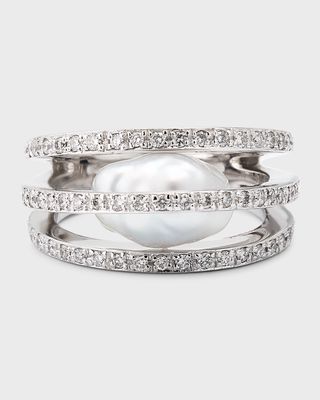 Estate Yvel 18K White Gold Diamond and Baroque Pearl 3 Row Ring, Size 7