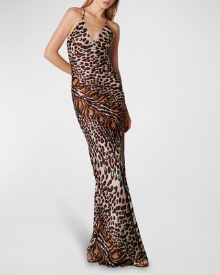 Estela Cheetah-Print Backless Silk Maxi Dress