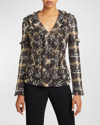 Estela V-Neck Tweed Fringe Jacket