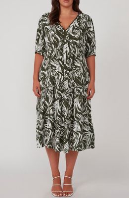 Estelle Abstract Print Empire Waist Midi Dress in Olive/Milk 