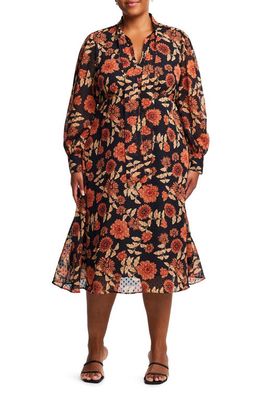 Estelle Autumnal Garden Long Sleeve Midi Dress in Coral Print