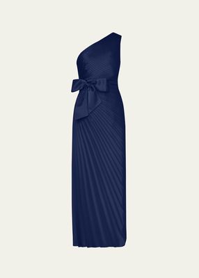 Estelle Bow-Front Pleated One-Shoulder Satin Maxi Dress