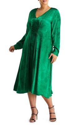 Estelle Greenpoint Floral Jacquard Long Sleeve Midi Dress in Kelly Green
