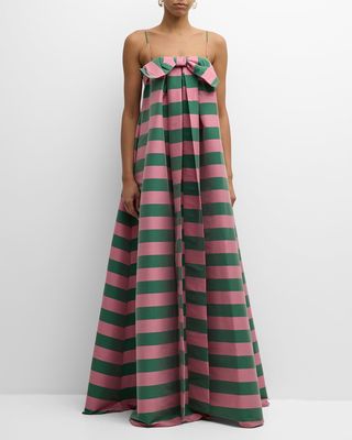 Estelle Striped Bow-Front Sleeveless Pleated Gown