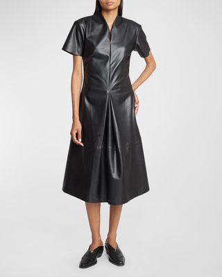 Esther Short-Sleeve Faux-Leather Midi Dress