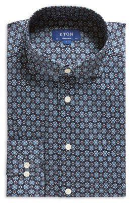 Eton Contemporary Fit Floral Medallion Knit Dress Shirt in Dark Blue at Nordstrom, Size 15 - R