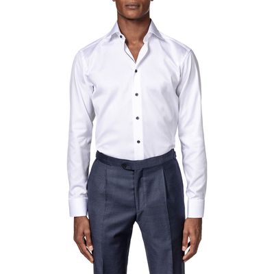 Eton Slim Fit Cotton Twill Dress Shirt with Grey Details in White/Navy