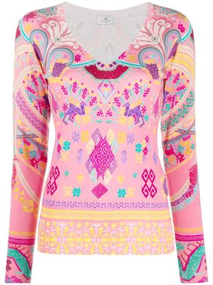 ETRO abstract knit V-neck jumper - Pink