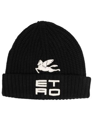 ETRO appliqué-logo ribbed-knit beanie - Black