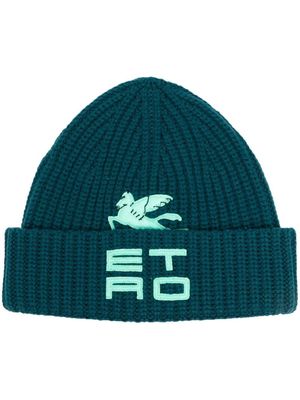 ETRO appliqué-logo ribbed-knit beanie - Blue
