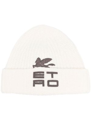 ETRO appliqué-logo ribbed-knit beanie - White