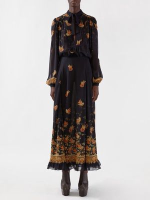Etro - Bird Paisley-print Silk-crepe Skirt - Womens - Black