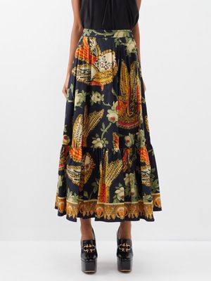 Etro - Bird-print Cotton-blend Maxi Skirt - Womens - Black