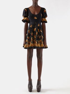 Etro - Bird-print Puff-sleeve Crepe Mini Dress - Womens - Black