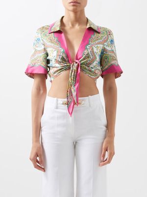 Etro - Calypso Paisley-print Silk Cropped Shirt - Womens - Pink Print