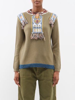 Etro - Camille Embroidered Wool Sweater - Womens - Khaki